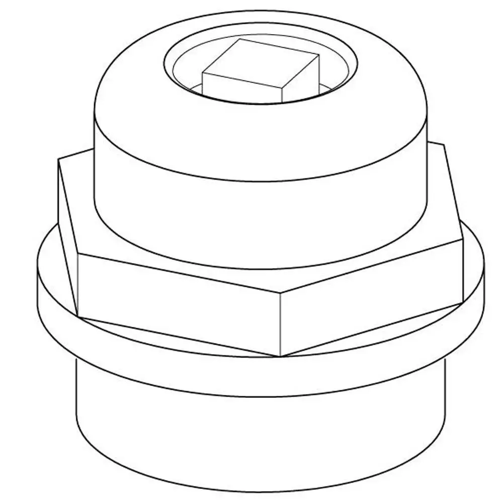 Uponor Entlüfter mit einem quadratischen Innenprofil und hexagonaler Basis, geeignet für G 1/2 Anschlüsse. Voluminöse, runde Form mit flacher Unterseite.